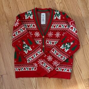 Disney Mickey Mouse Castle Red and Green Holiday Cardigan Sweater NWOT
